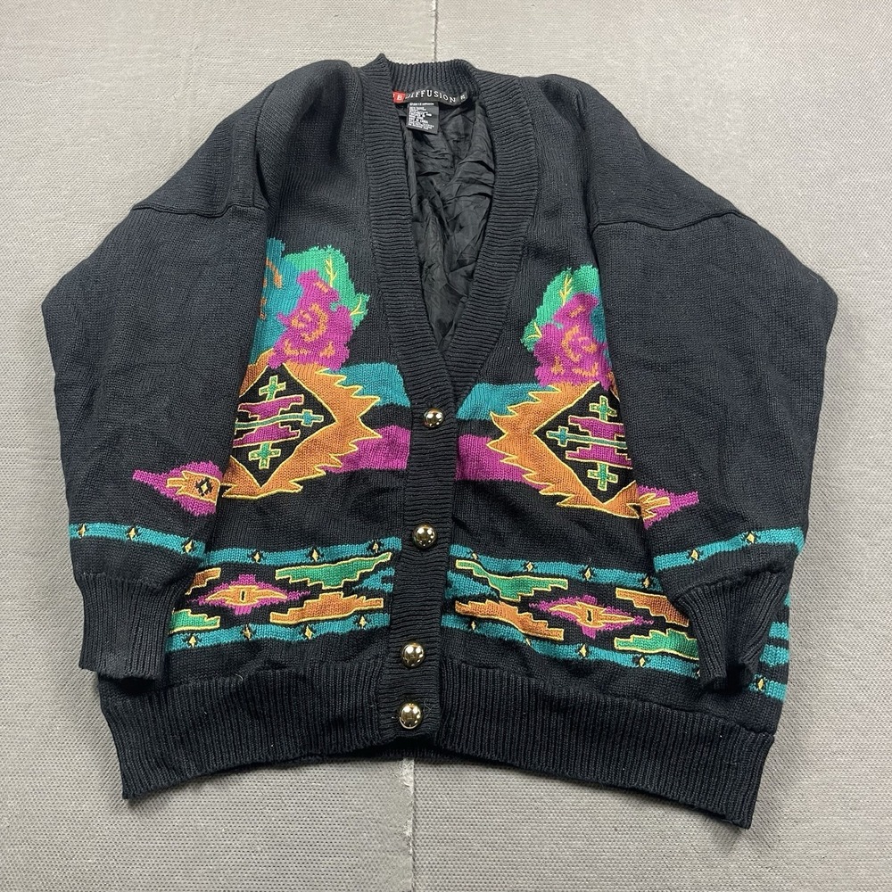 Vintage I.B. Diffusion Sweater Womens 2X Black Aztec Western Cardigan Button Up